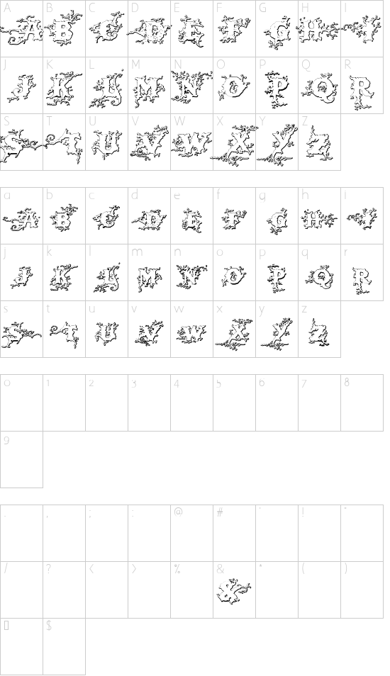 DarkWoodBeveled font character map