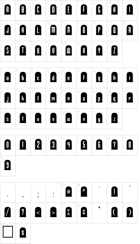 Tombstone Regular font character map