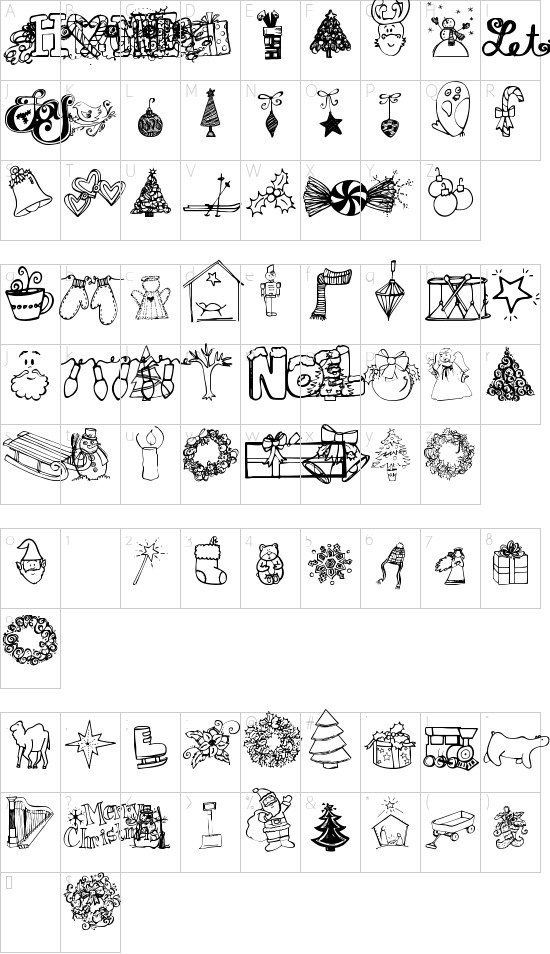 Janda Christmas Doodles font character map