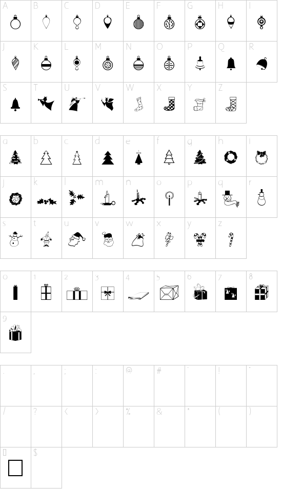 XmasDings font character map