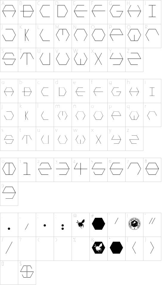HONEYCOMBED font character map