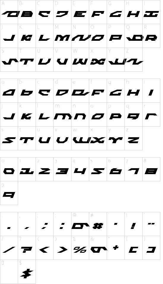 Nightrunner Expanded Italic font character map