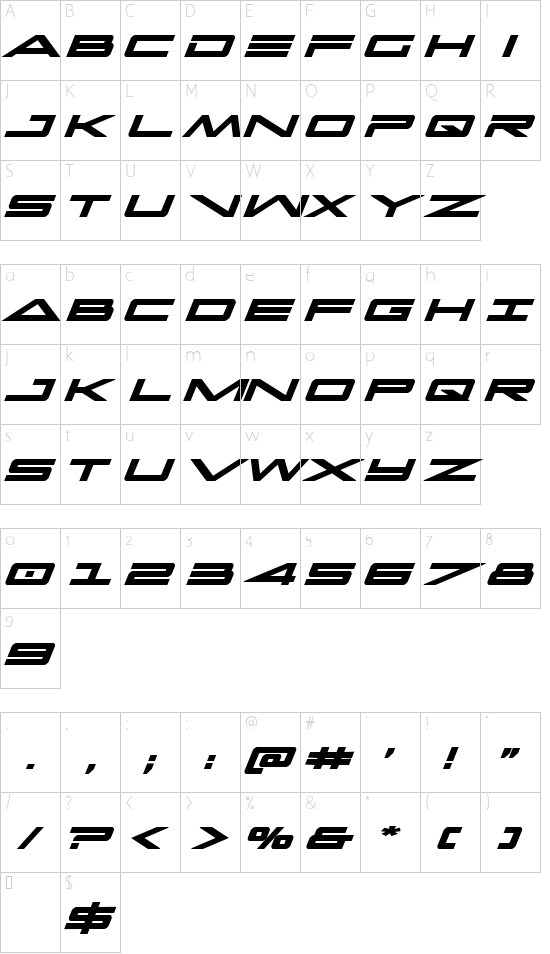 Capella Bold Italic font character map