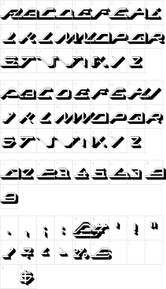 MEGA SLANT LINE 3D font character map