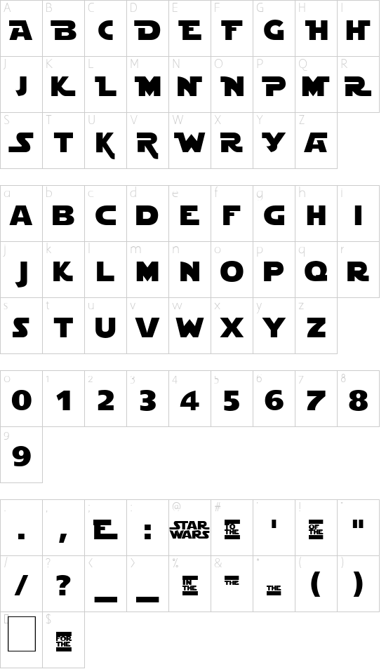 StarJedi Special Edition font character map