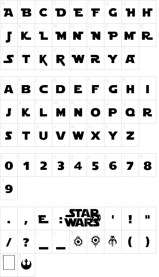 Star Jedi font character map