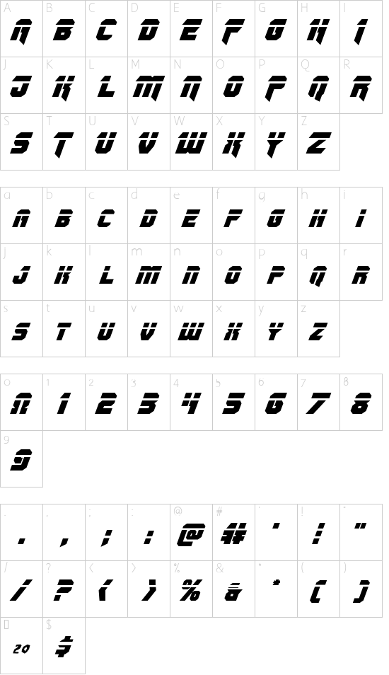 OmegaForce Laser Italic font character map