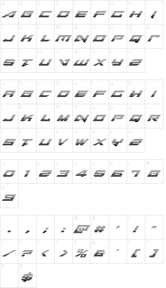 Tarrget Gradient Italic font character map