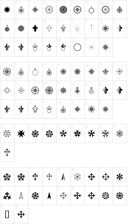 PR Compass Rose Normal font character map