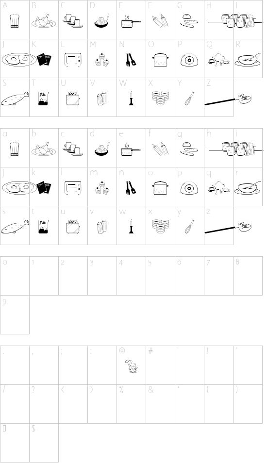 Cooking Set font character map