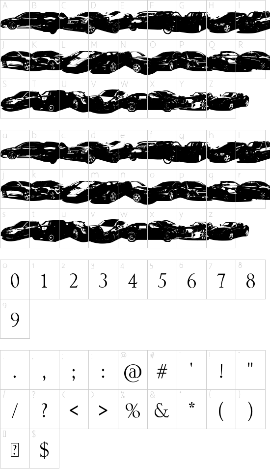Famous Cars font character map