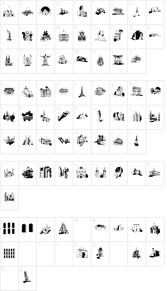 FamousBuildings font character map