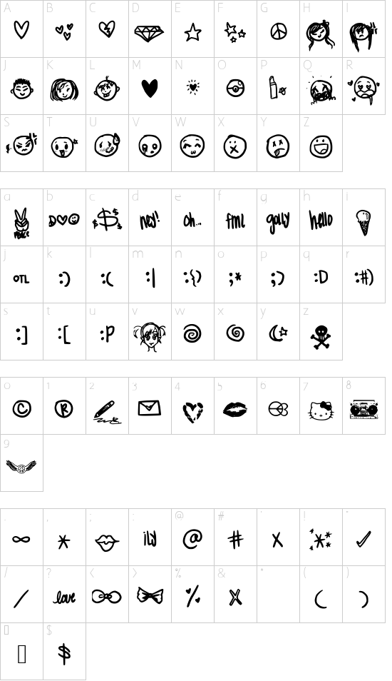 MeganBats font character map