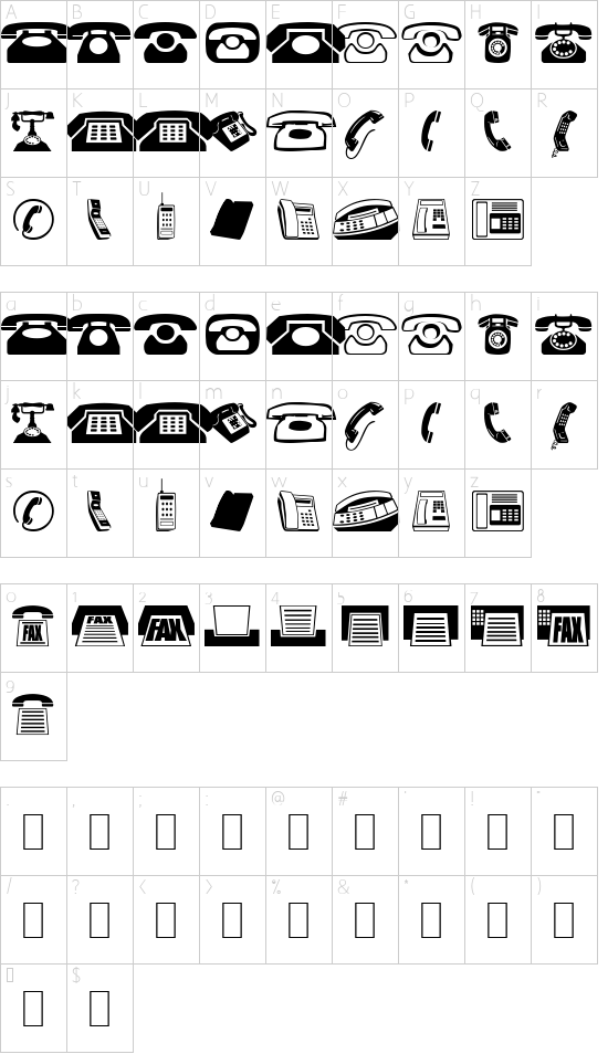 Phones NormalA font character map