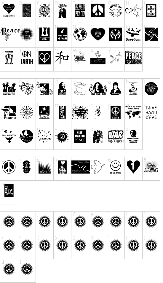 Peace FOREVER font character map