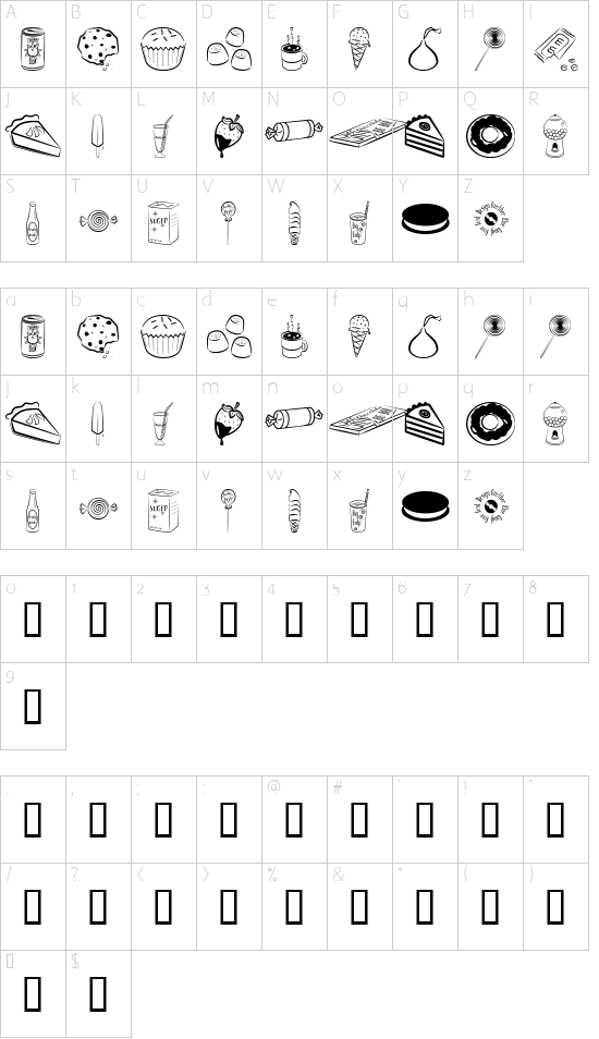 Sugar Coma font character map