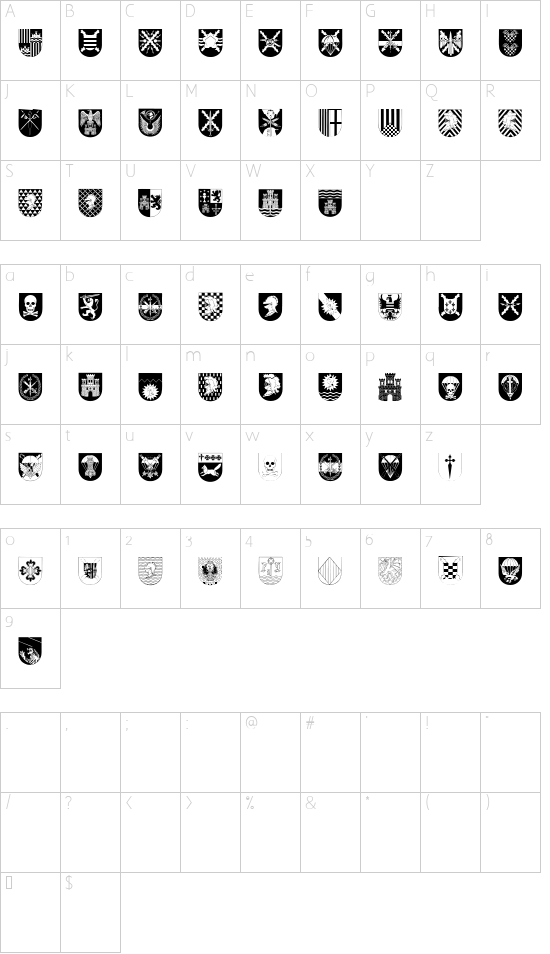 Spanish Army Shields font character map