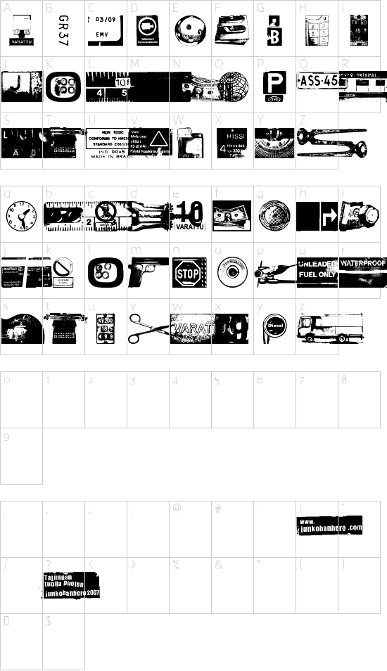 Tajunnan tuolla puolen font character map