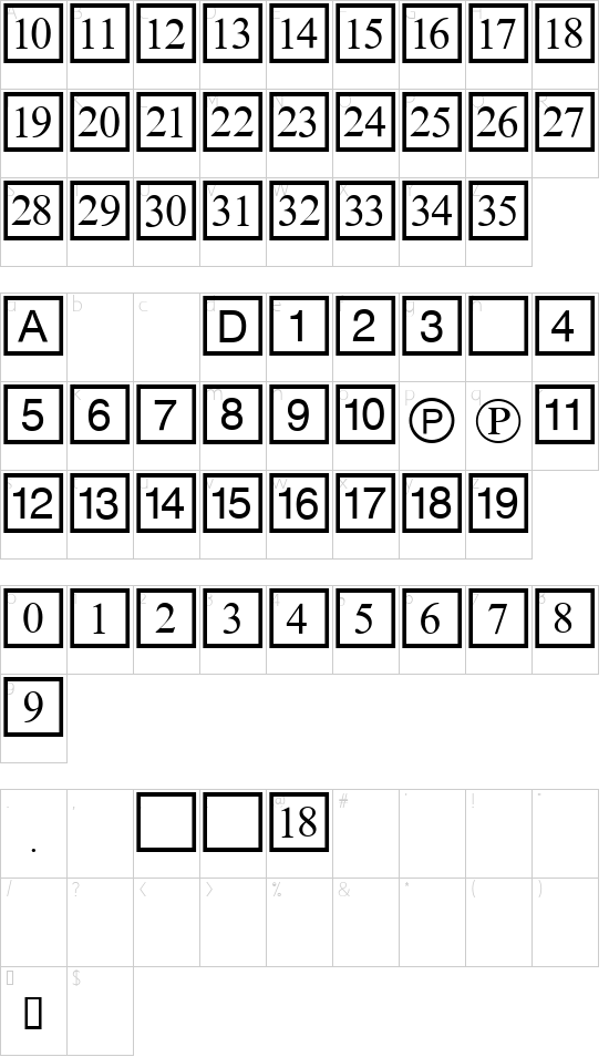 CD Numbers font character map