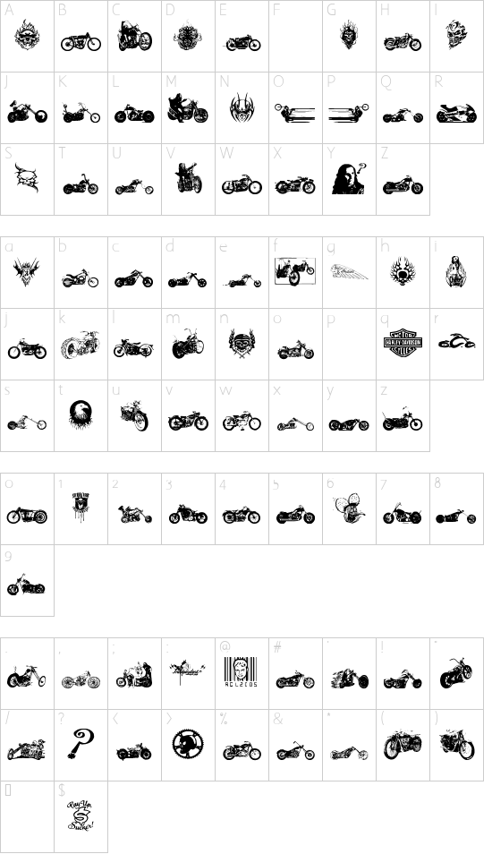 choppersforlife font character map