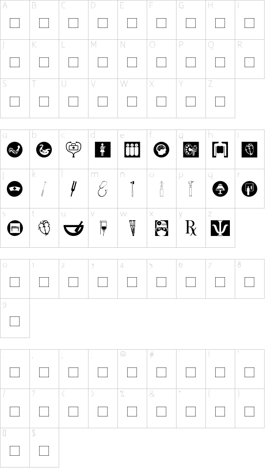 HealthcareSymbols font character map