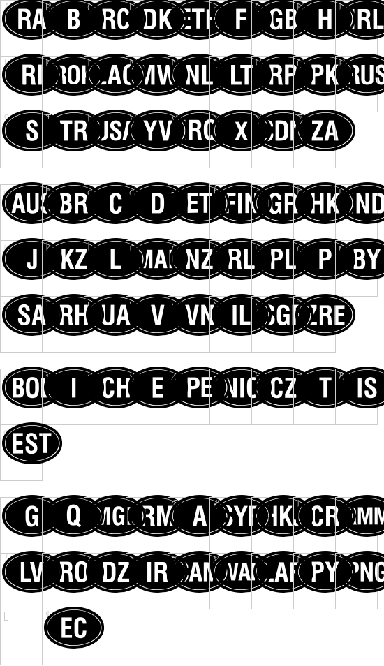 Kountry Kodes font character map