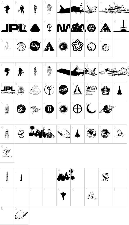 NASA Dings font character map