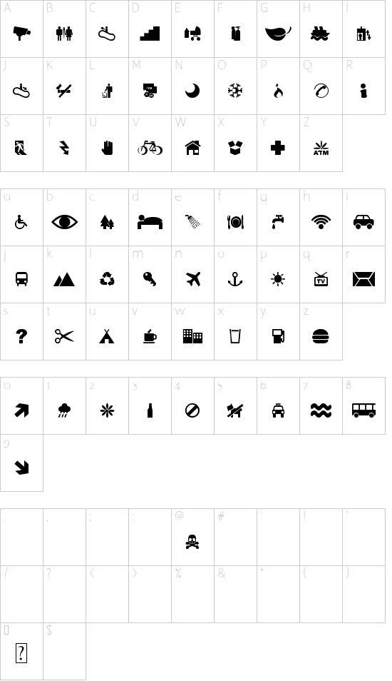 Pictogramz font character map