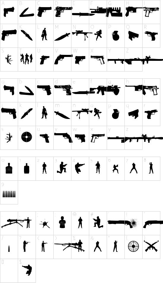 The Shooter Regular font character map