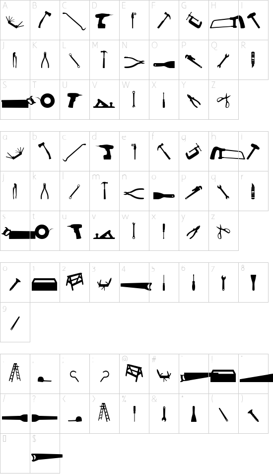 Tool font character map