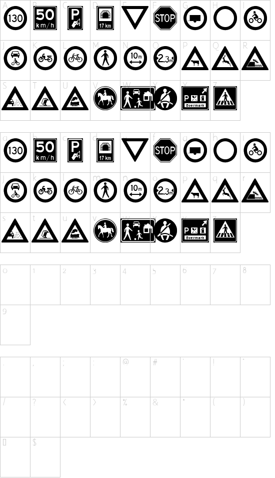 traffic signs tfb font character map