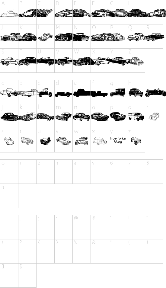 vintage auto cars tfb font character map