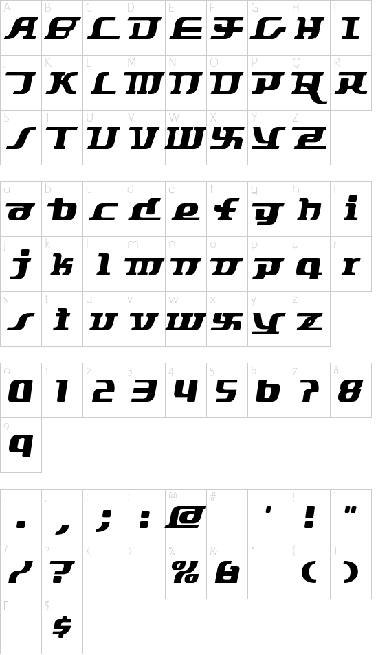 Starbat font character map