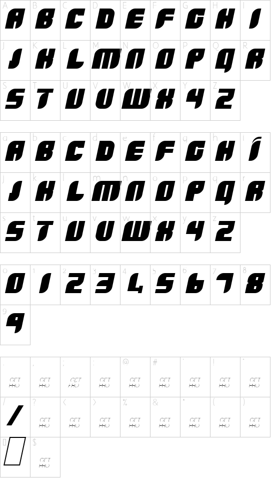Boldie Italic font character map