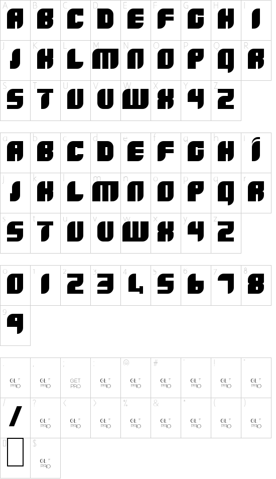Boldie Bold font character map