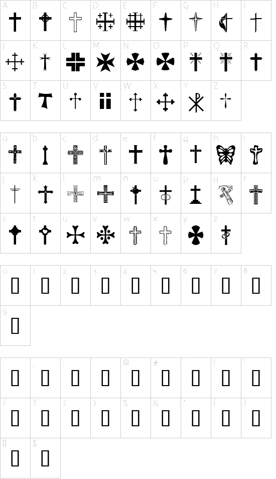 Christian Crosses font character map