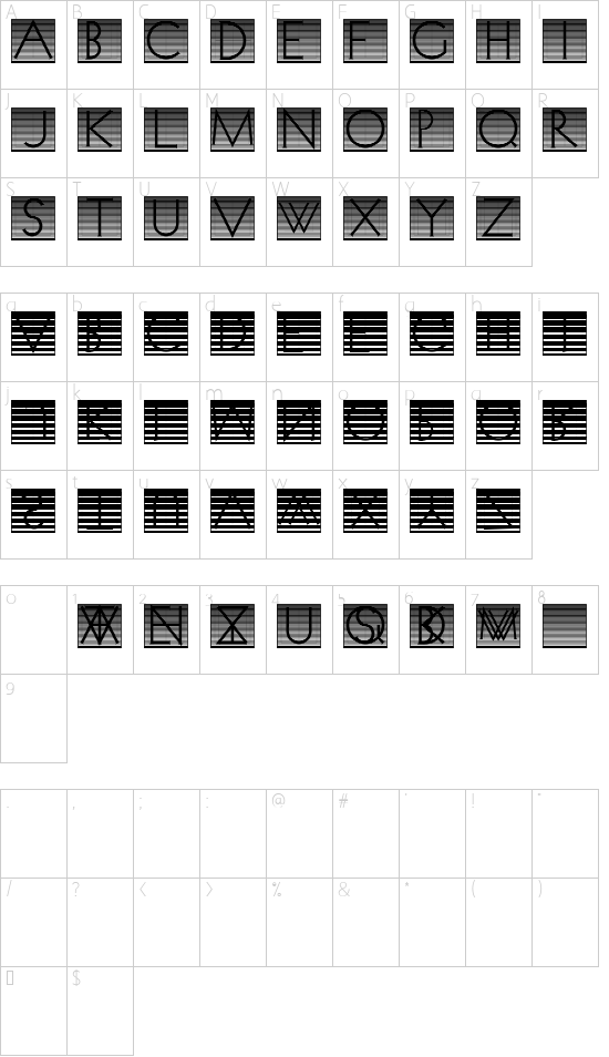 VenetianBlind font character map