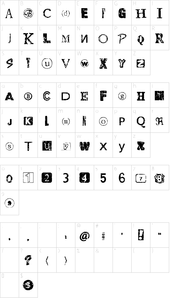 Distressed Ransom Note font character map