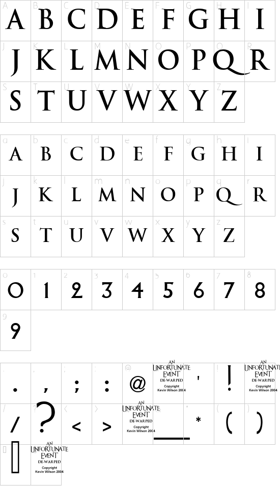 An Unfortunate Event DeWarped font character map