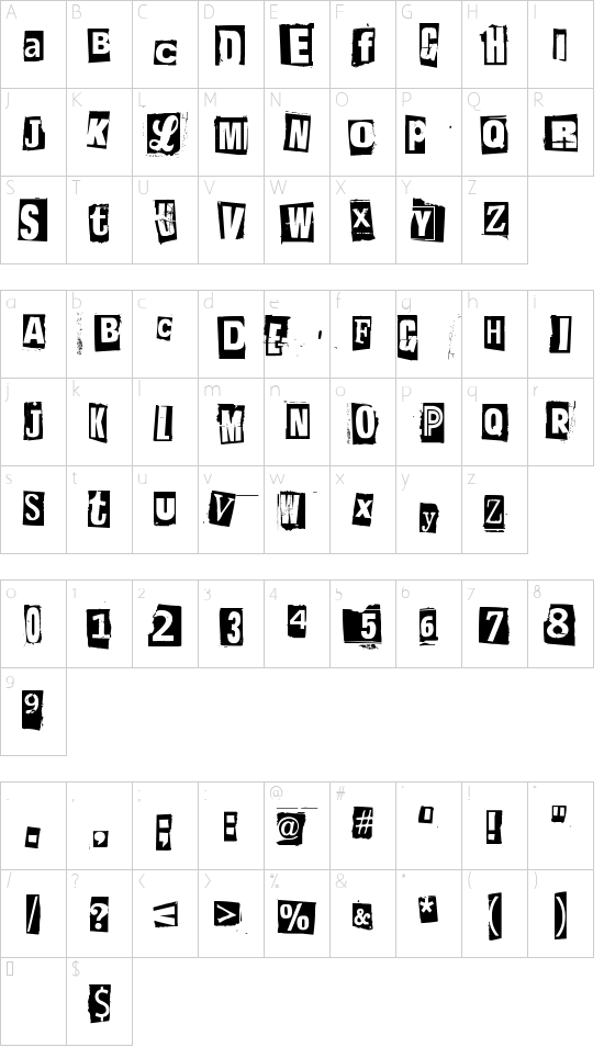 Postinkantaja Job font character map