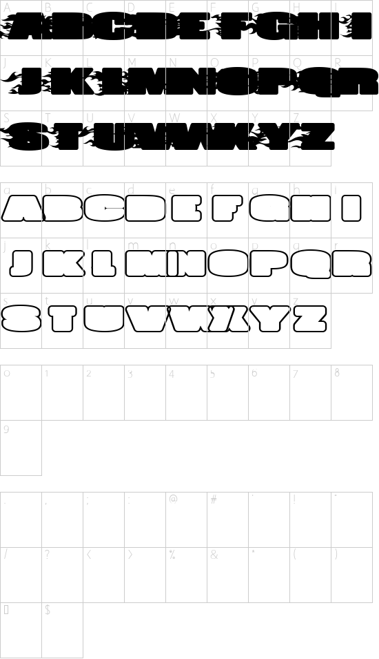 JUMBO BURN A font character map