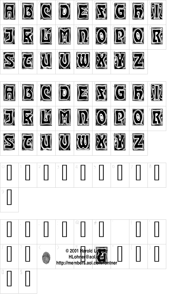 Carmen Caps font character map