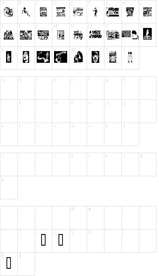 B Movie Dings font character map