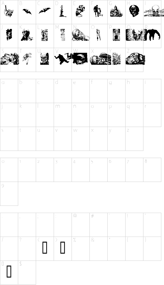 Horror Dingbats Eerie Edition font character map