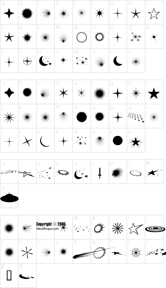 FontCo Flares font character map