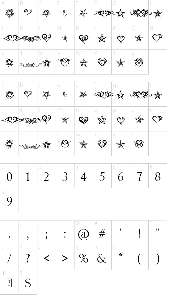 Hearts and Stars font character map