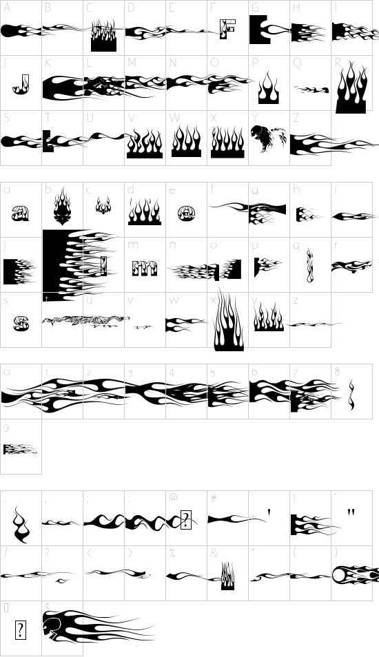 J-Flames font character map