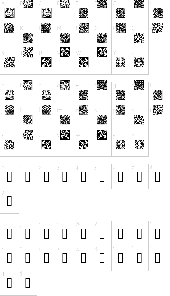 Medieval Tiles I font character map
