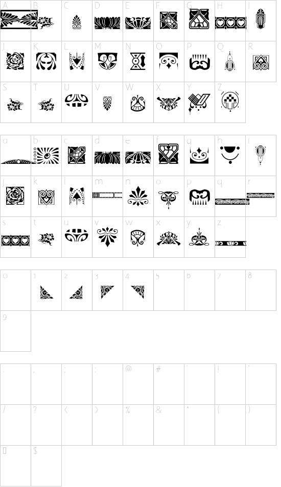 Nouveau Rococo Deco Dings I font character map
