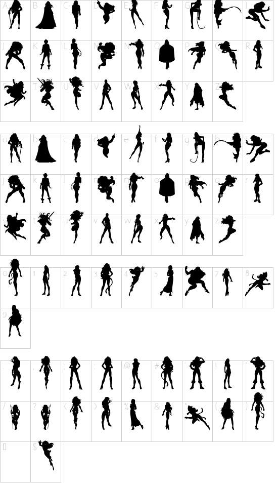 Action Women font character map